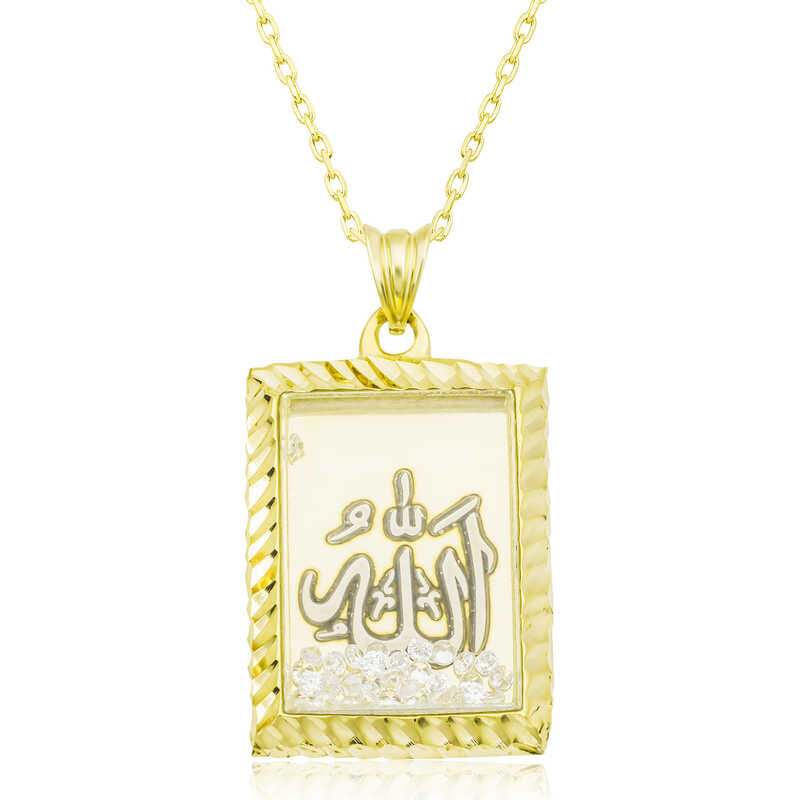 Tevuli Gümüş Gold Allah Yazılı Kadın Kolye