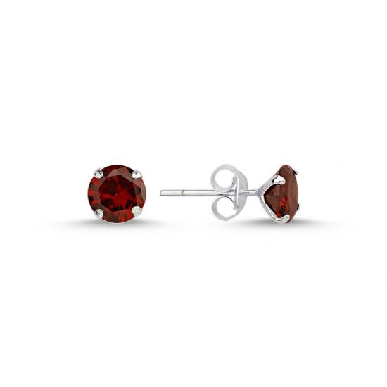 Tevuli Gümüş 6mm Yuvarlak Garnet Zirkon Tektaş Küpe