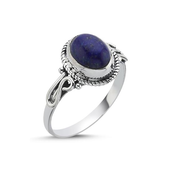 Tevuli Gümüş Lapis Lazuli Oval Kesim & Etnik Detaylı Oksitli Yüzük