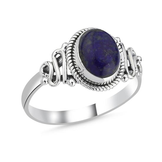 Tevuli Gümüş Lapis Lazuli Oval Kesim & Etnik Detaylı Oksitli Yüzük