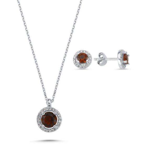 Tevuli Gümüş Yuvarlak Garnet Zirkon Taşlı Halo Tektaş Set