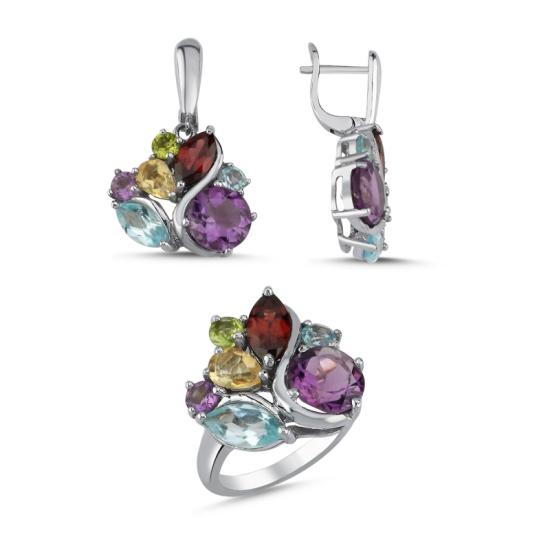 Tevuli Gümüş Peridot, Garnet, Sitrin, Akuamarin & Ametist Taşlı Set