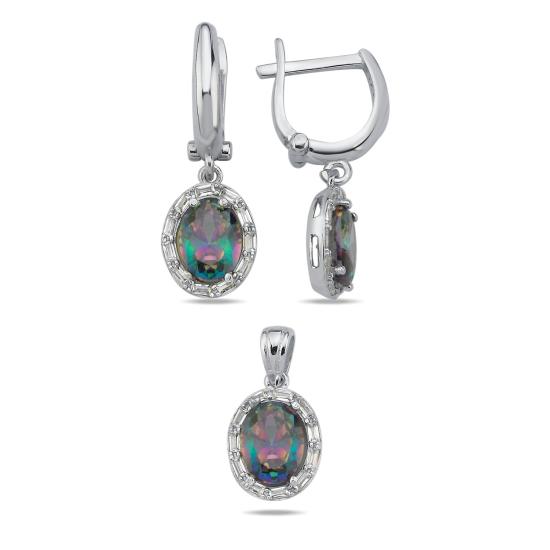 Tevuli Gümüş Mistik Topaz Oval Kesim & Halo Baget Zirkon Taşlı Set