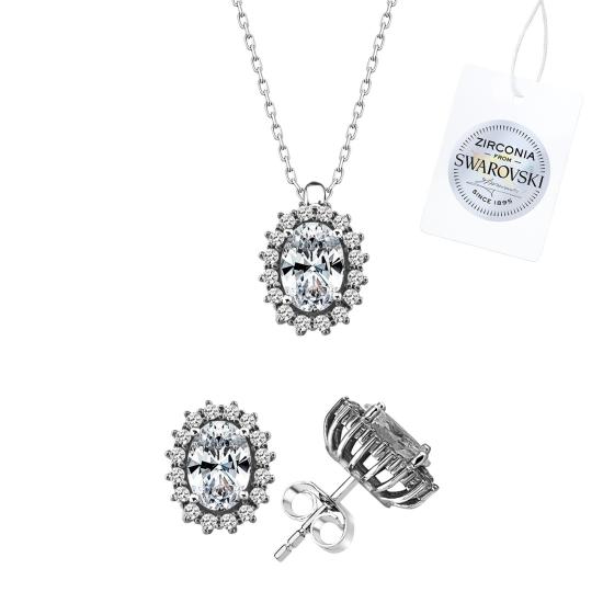 Tevuli Gümüş Swarovski Zirconia Taşlı Oval Halo Tektaş Set