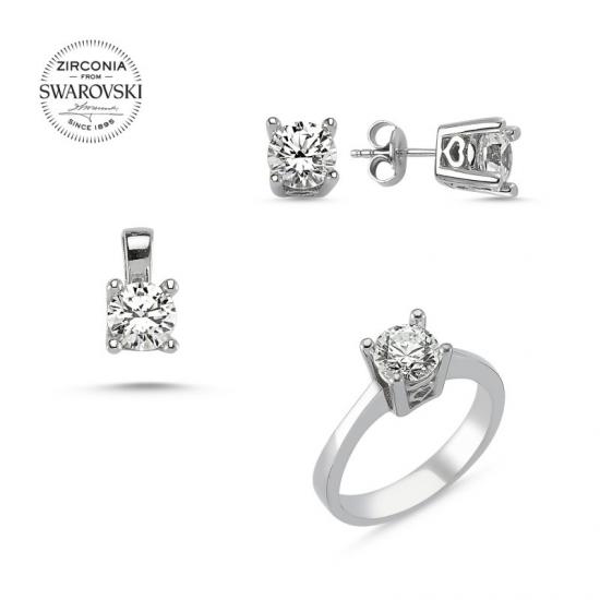 Tevuli Gümüş Swarovski Zirconia Taşlı Tektaş Set