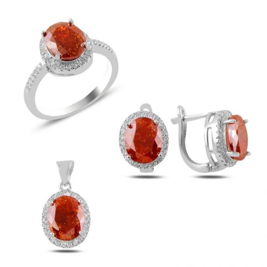 Tevuli Gümüş Buzlu Garnet Zirkon Taşlı Set