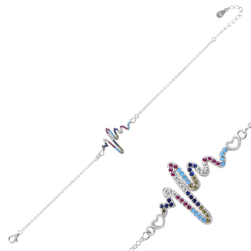 Tevuli Gümüş Kalp Ritmi Renkli Zirkon Taşlı Bileklik