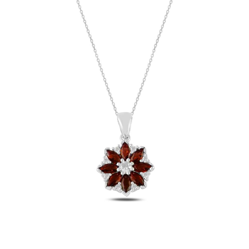 Tevuli Gümüş Çiçek Garnet Zirkon Taşlı Kolye