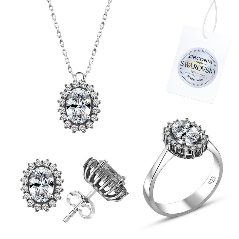 Tevuli Gümüş Swarovski Zirconia Taşlı Oval Halo Tektaş Set