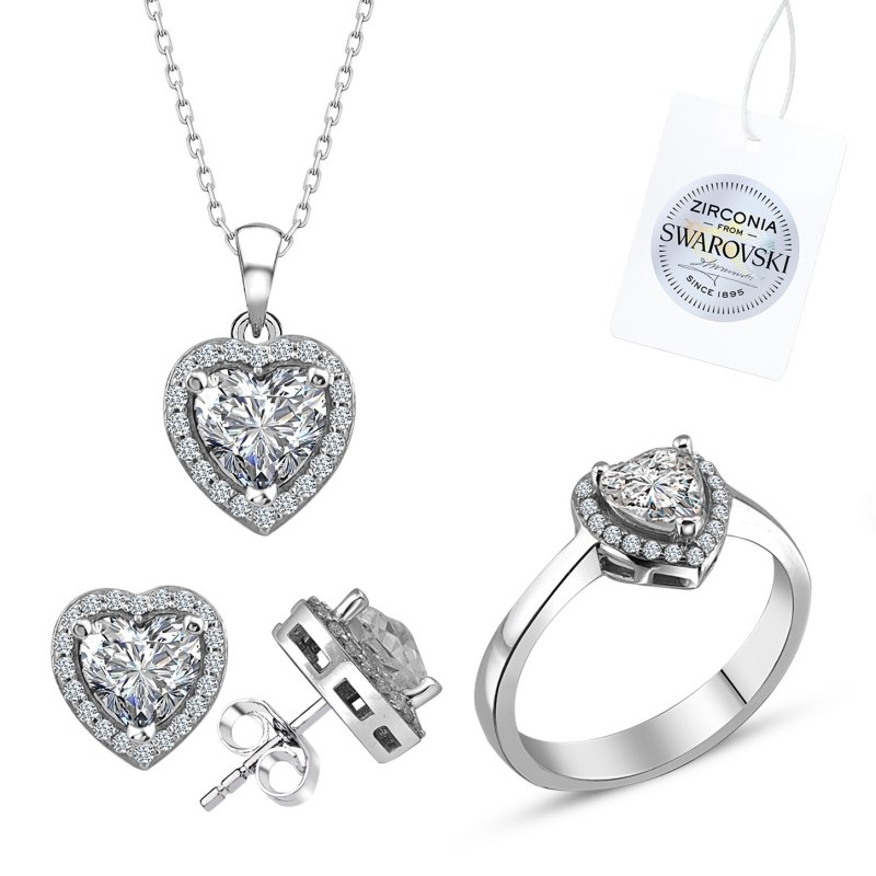 Tevuli Gümüş Swarovski Zirconia Taşlı Kalp Halo Tektaş Set