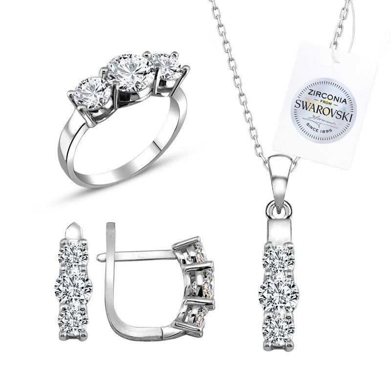 Tevuli Gümüş Swarovski Zirconia Taşlı Üçtaş Set