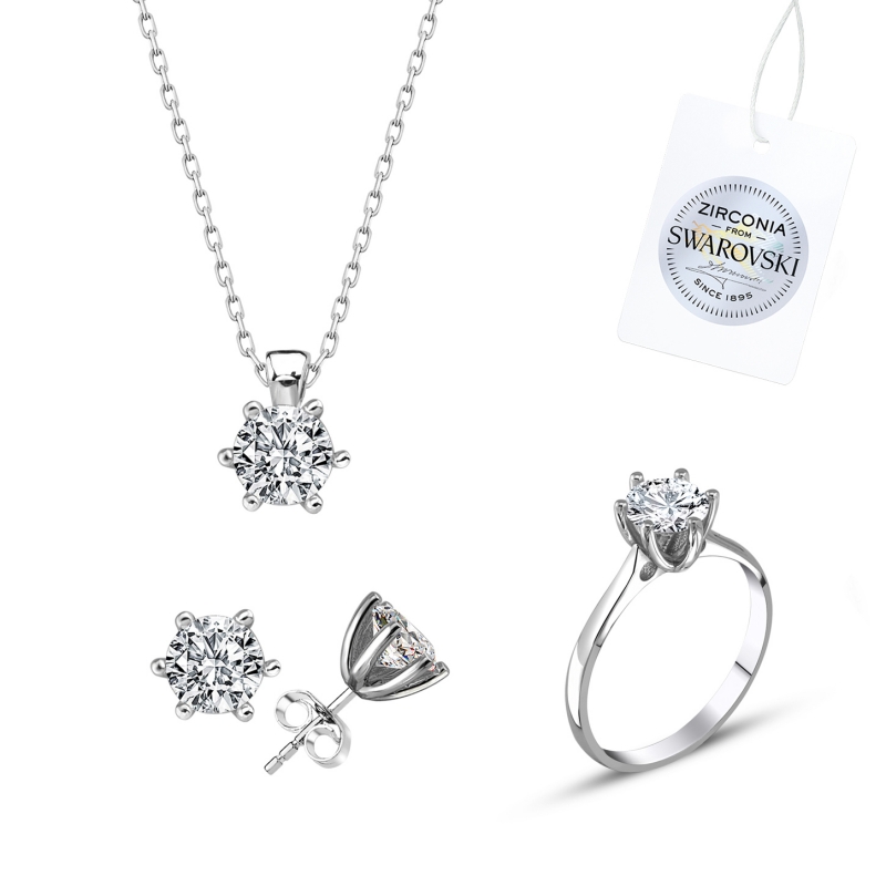 Tevuli Gümüş Swarovski Zirconia Taşlı Tektaş Set