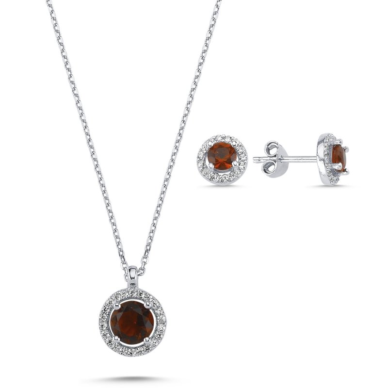 Tevuli Gümüş Yuvarlak Garnet Zirkon Taşlı Halo Tektaş Set