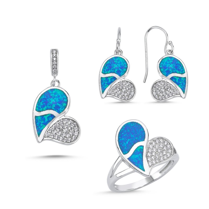 Tevuli Gümüş Kalp Opal & Zirkon Taşlı Set