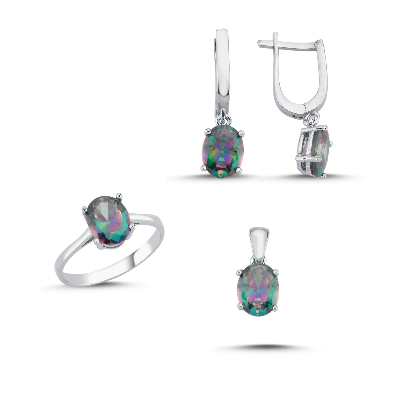 Tevuli Gümüş Mistik Topaz Zirkon Taşlı Oval Set