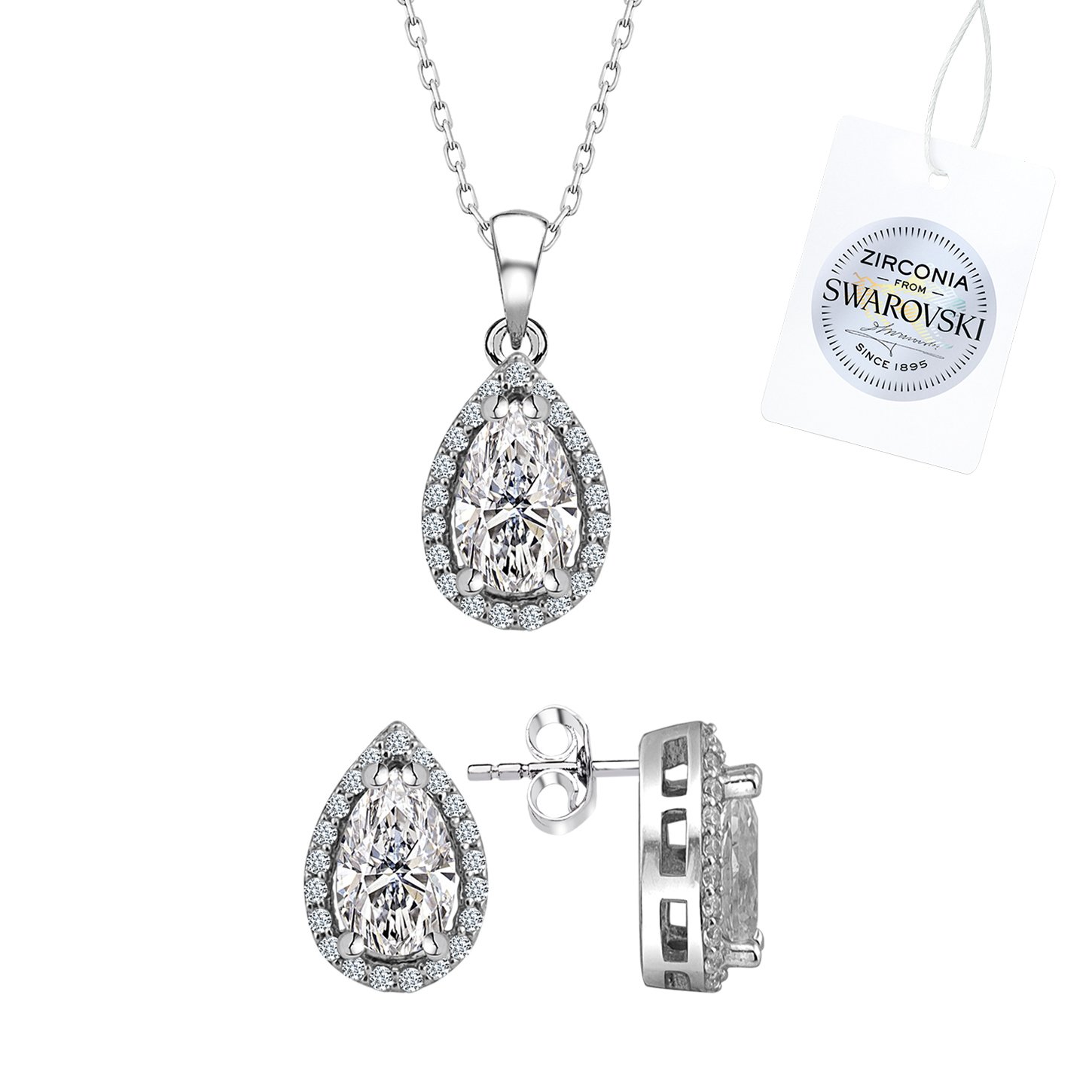 Tevuli Gümüş Swarovski Zirconia Damla Taşlı Tektaş Set