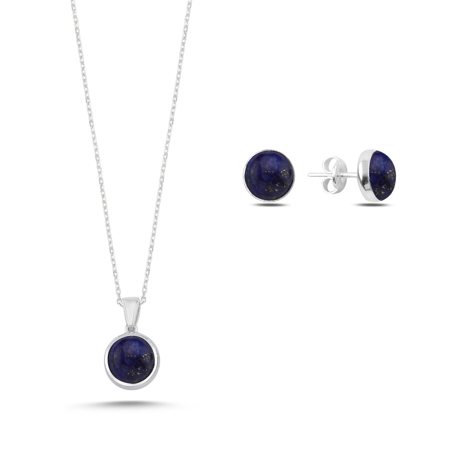 Tevuli Gümüş Yuvarlak Lapis Lazuli Taşlı Tektaş Set