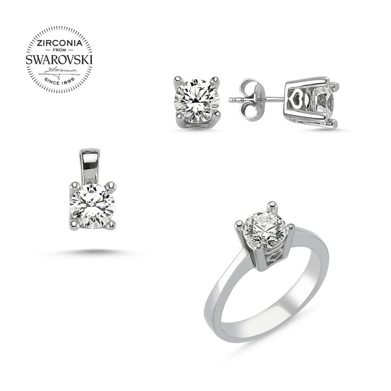 Tevuli Gümüş Swarovski Zirconia Taşlı Tektaş Set