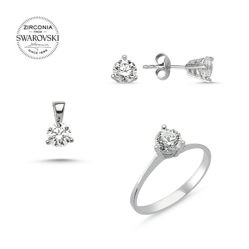 Tevuli Gümüş Swarovski Zirconia Taşlı Tektaş Set