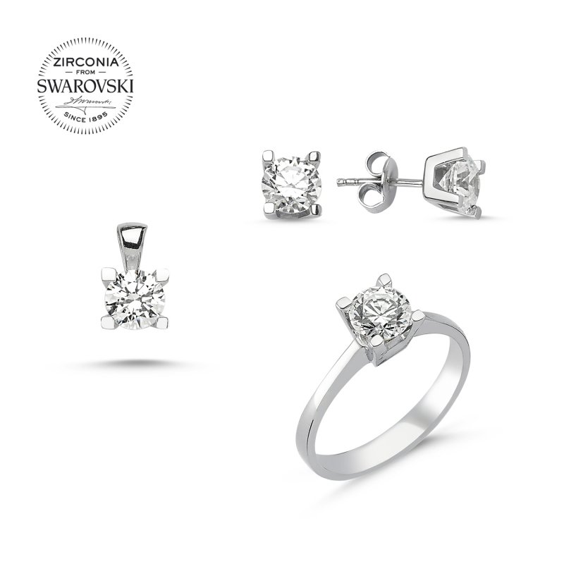 Tevuli Gümüş Swarovski Zirconia Taşlı Tektaş Set