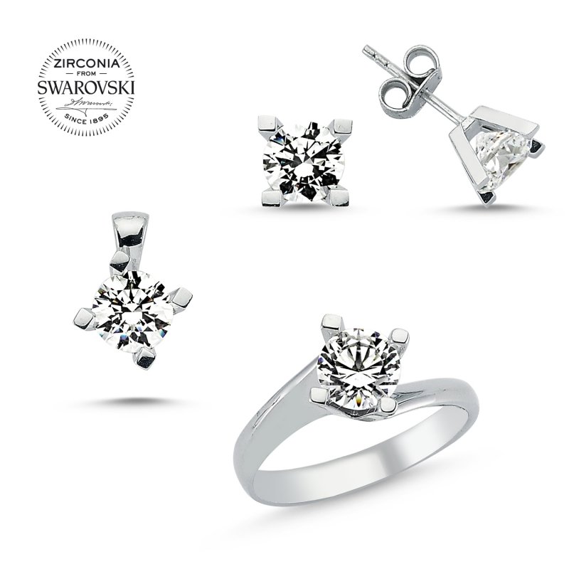 Tevuli Gümüş Swarovski Zirconia Taşlı Tektaş Set