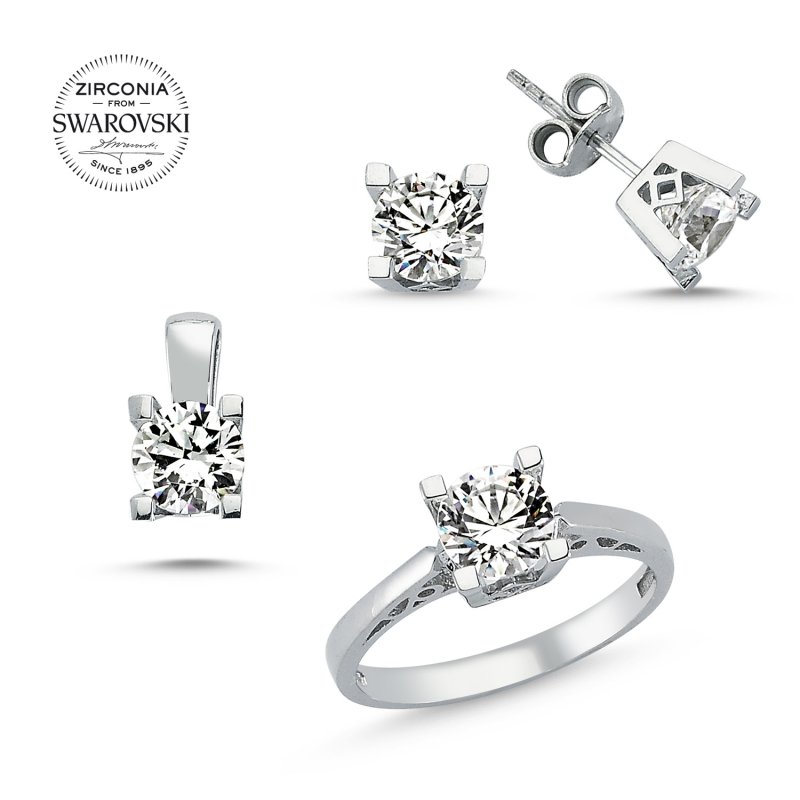 Tevuli Gümüş Swarovski Zirconia Taşlı Tektaş Set