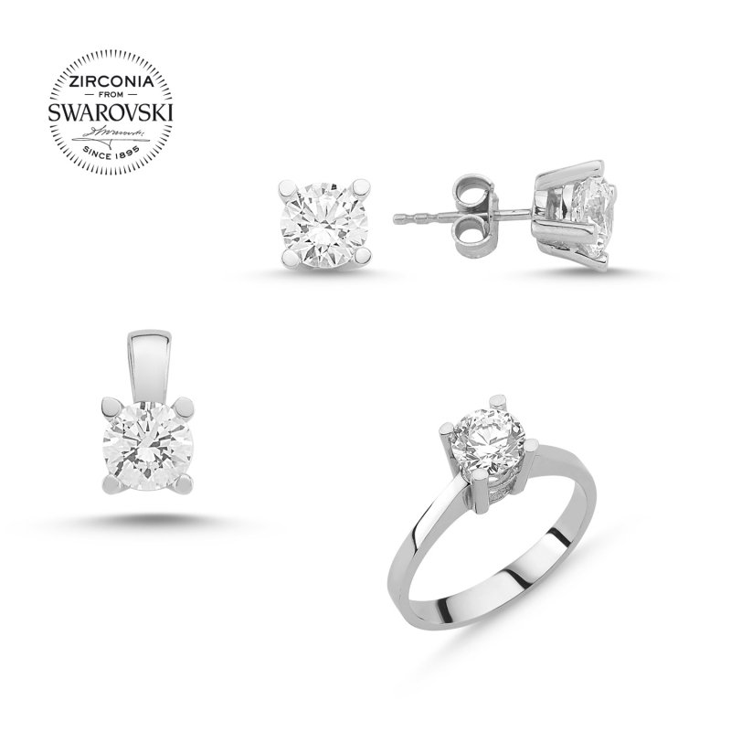 Tevuli Gümüş Swarovski Zirconia Taşlı Tektaş Set