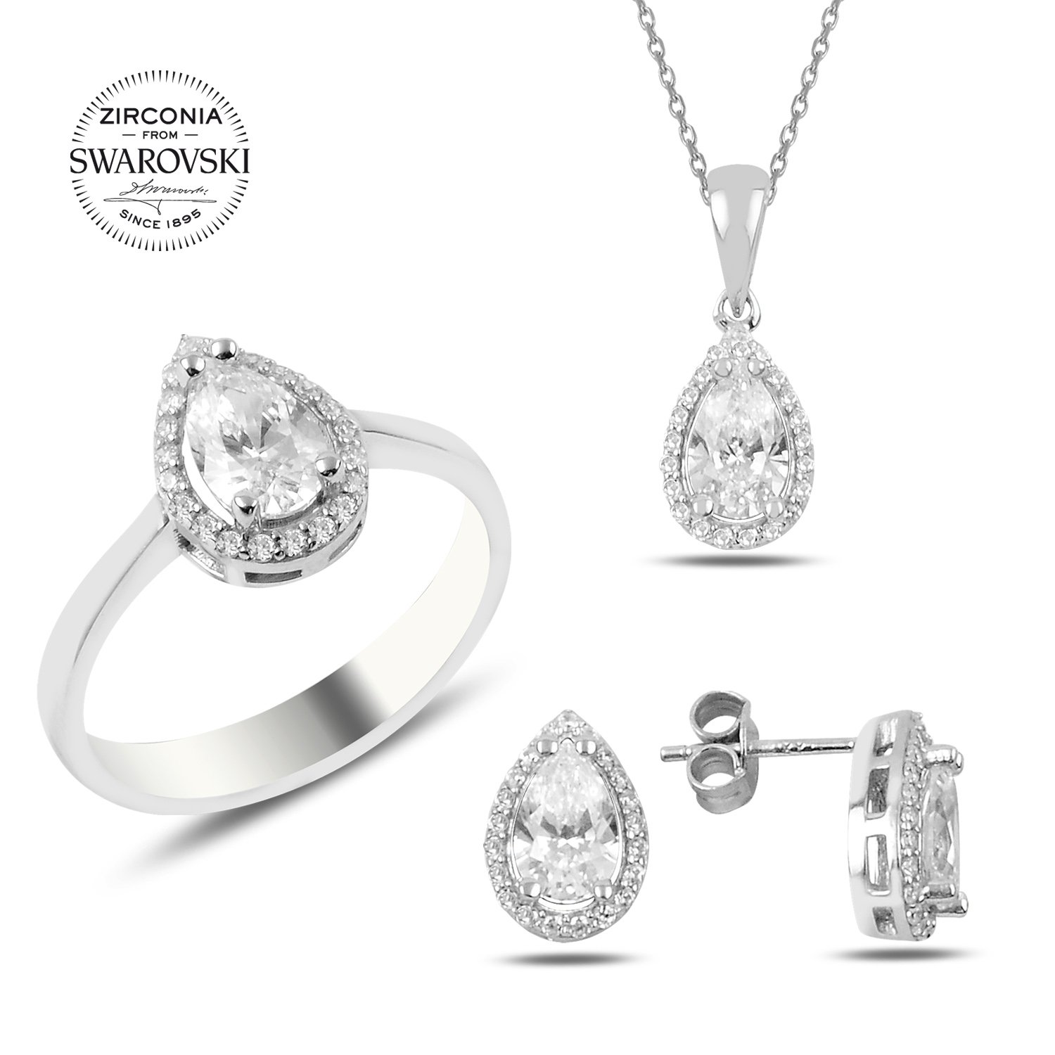 Tevuli Gümüş Swarovski Zirconia Damla Taşlı Tektaş Set