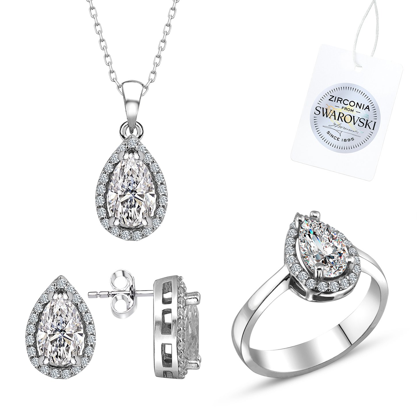 Tevuli Gümüş Swarovski Zirconia Damla Taşlı Tektaş Set